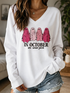 Women's In October We Wear Pink Ghost Embroidery Long Sleeve V Neck Tee