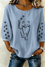 Elegant Cat Print Round Neck Top For Women'S Clothing