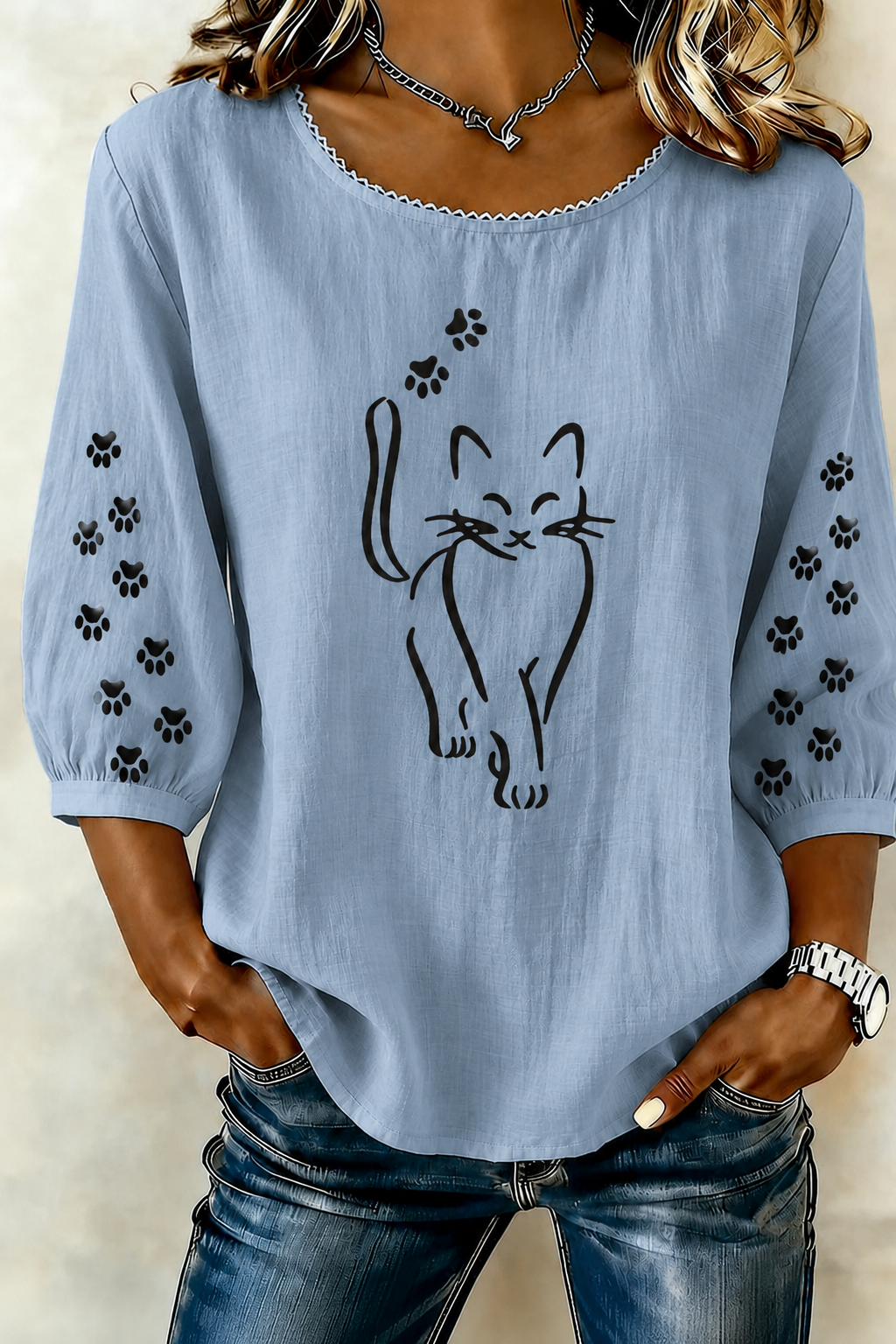 Elegant Cat Print Round Neck Top For Women'S Clothing