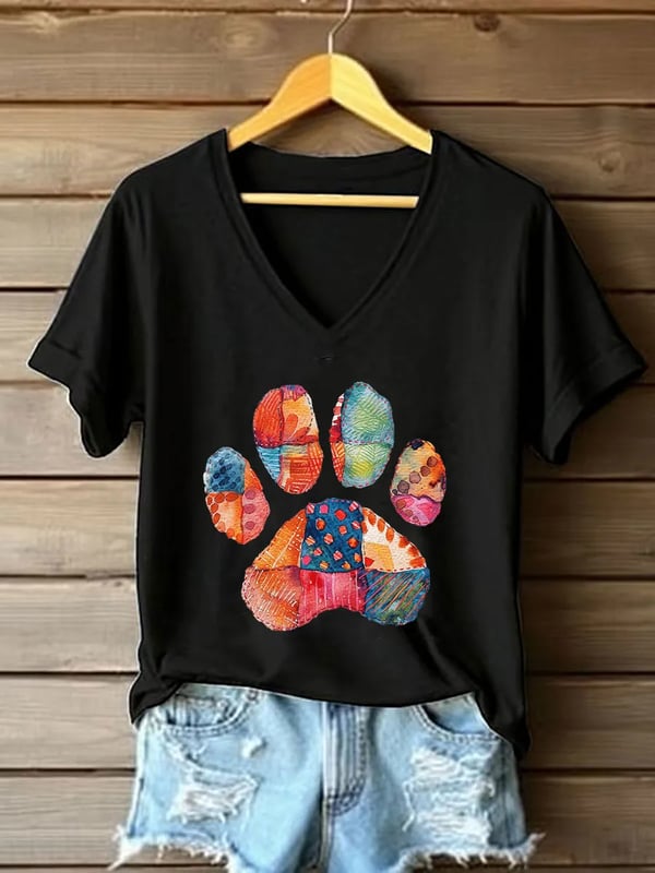 Women'S Colorful Cat Claw Printed V-Neck T-Shirt