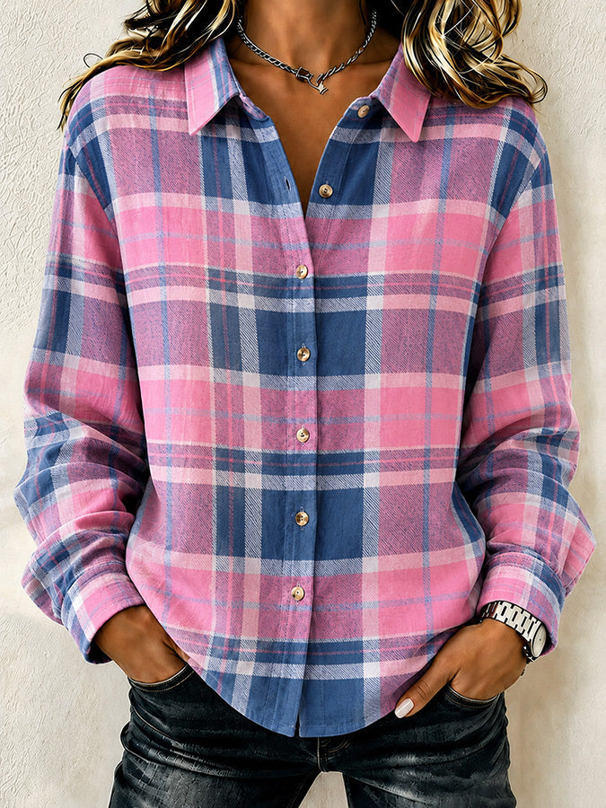 Women's Pink Plaid Print Lapel Long Sleeve Shirt