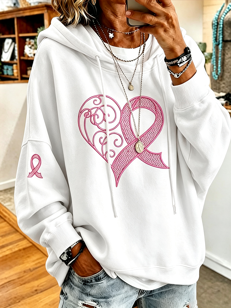 Women's Breast Cancer Awareness Love Embroidery Hooded Sweatshirt