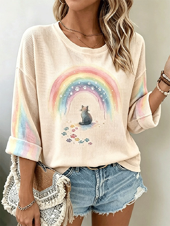 Women's Watercolor Rainbow Cat Paw Long Sleeve Waffle Top