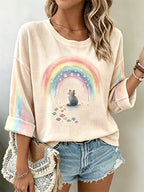 Women's Watercolor Rainbow Cat Paw Long Sleeve Waffle Top