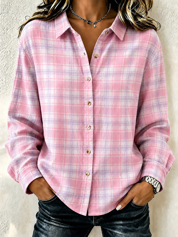 Women's Pink Plaid Print Lapel Long Sleeve Shirt