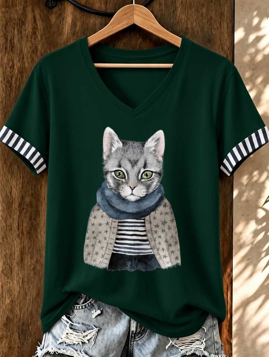 Women'S Cute Cat Printed Casual V-Neck T-Shirt
