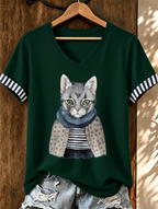 Women'S Cute Cat Printed Casual V-Neck T-Shirt