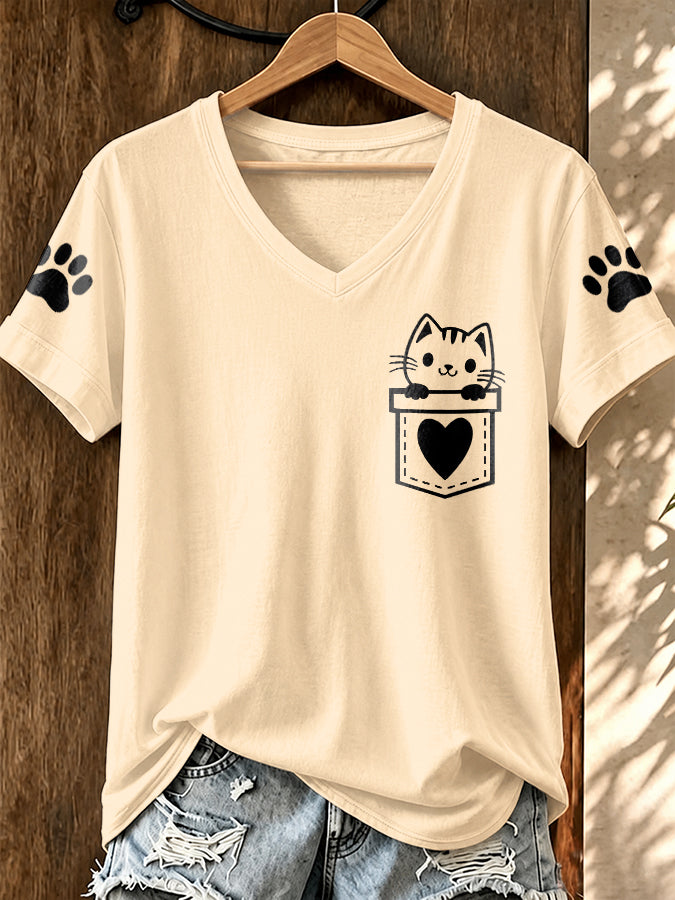 Women'S Cat Printed V-Neck T-Shirt