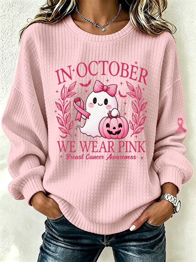 Women's Breast Cancer Print Crew Neck Check Sweatshirt