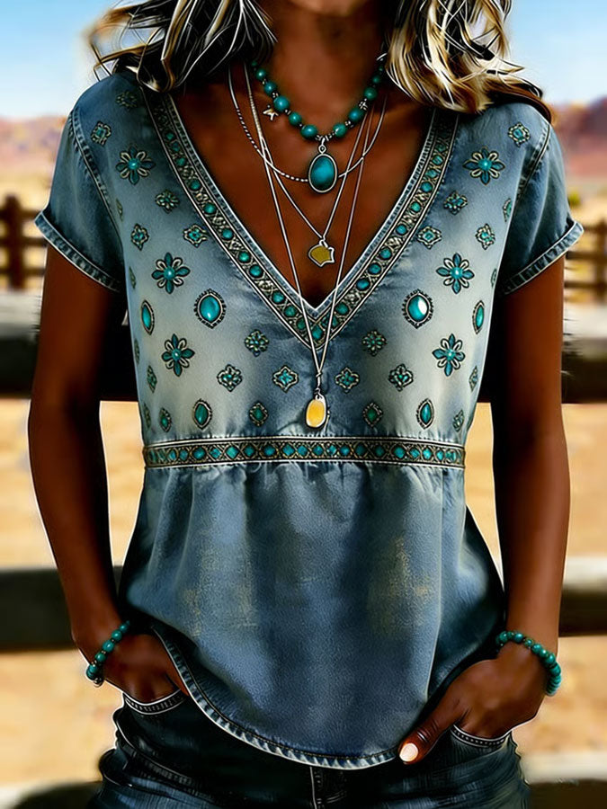 Women's Western Printed V-Neck Casual T-Shirt