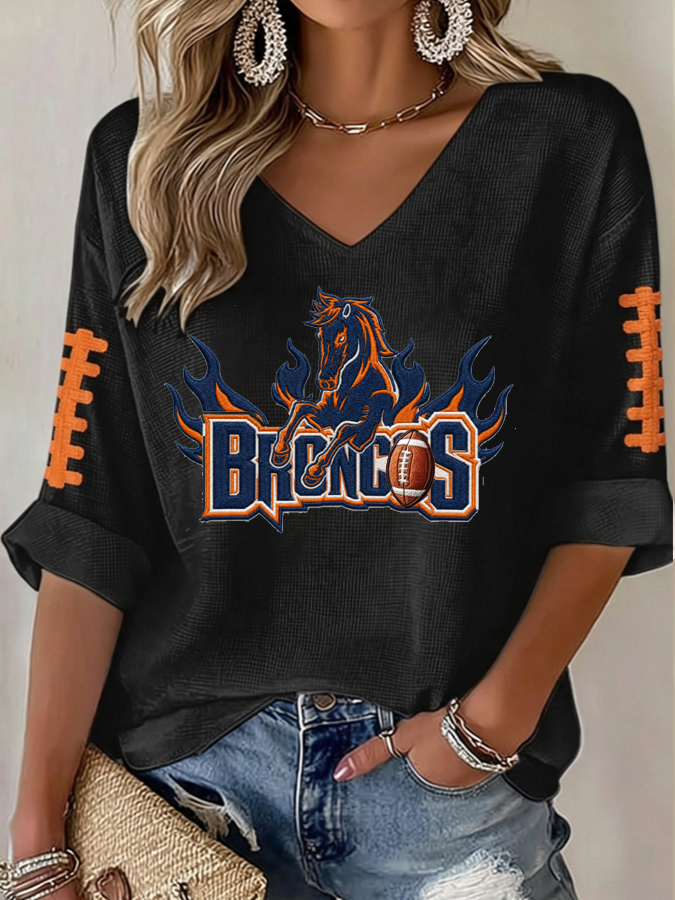 Women'S Rugby Patterned Waffle V-Neck Top