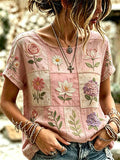 Women's Floral Rose Art Embroidered Linen Blend Tops