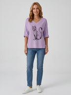 Women's Cat Lover Geometric Black Cat Printed V-neck T-shirt