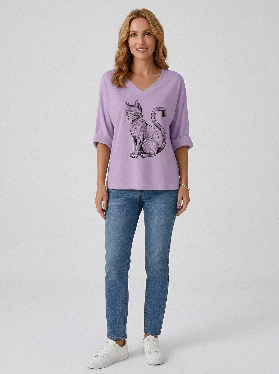 Women's Cat Lover Geometric Black Cat Printed V-neck T-shirt