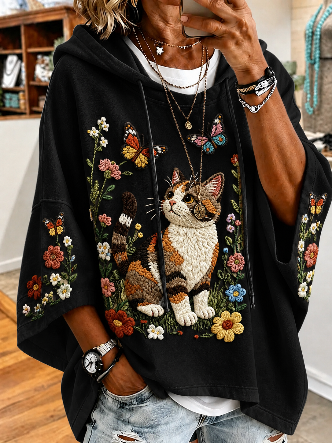 Women's Cat and Flower Hoodie