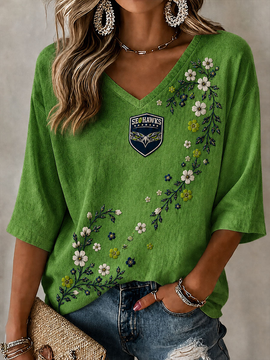 Women's American football V-Neck Three-quarter sleeve T-shirt