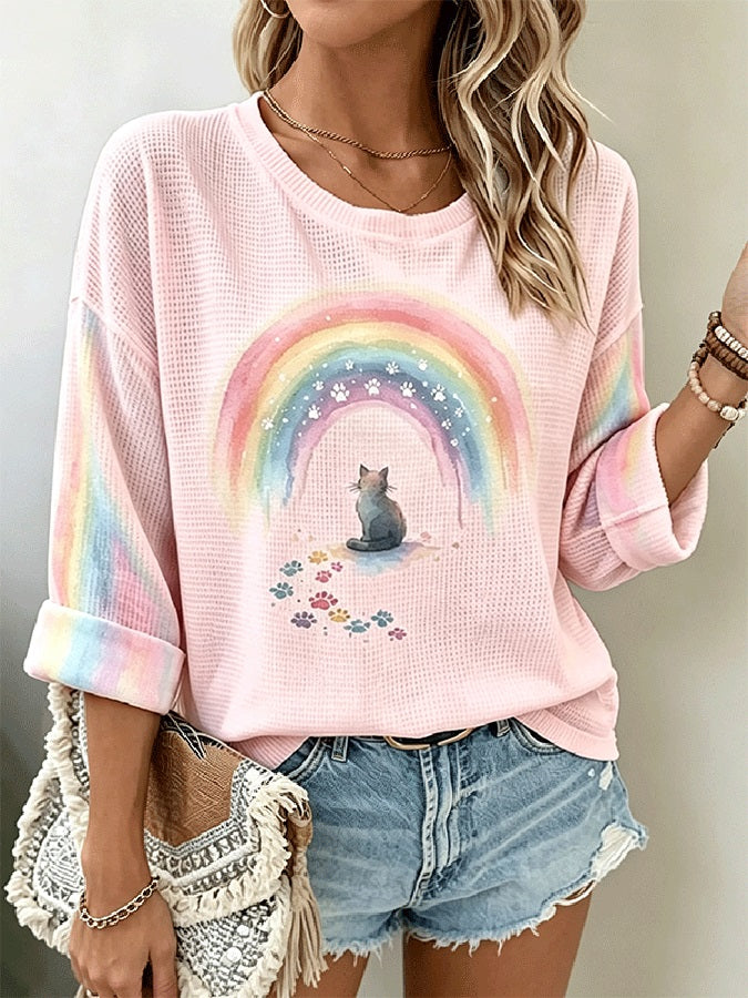 Women's Watercolor Rainbow Cat Paw Long Sleeve Waffle Top