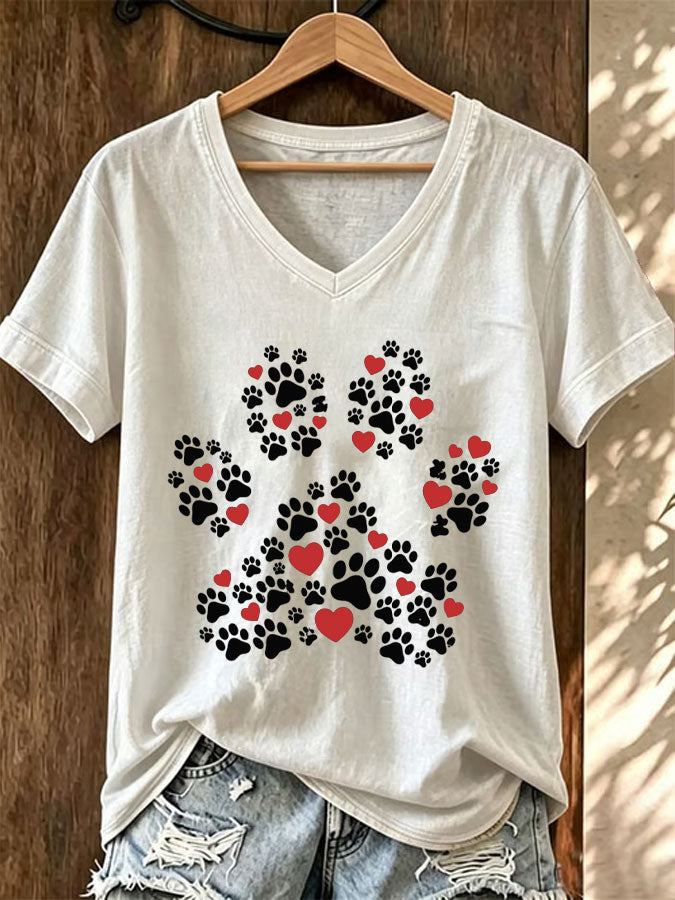 Women'S Paw Heart Print V-Neck T-Shirt