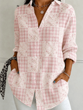 Women'S Gingham Floral Spliced Lapel Button Down Long Sleeve Shirt