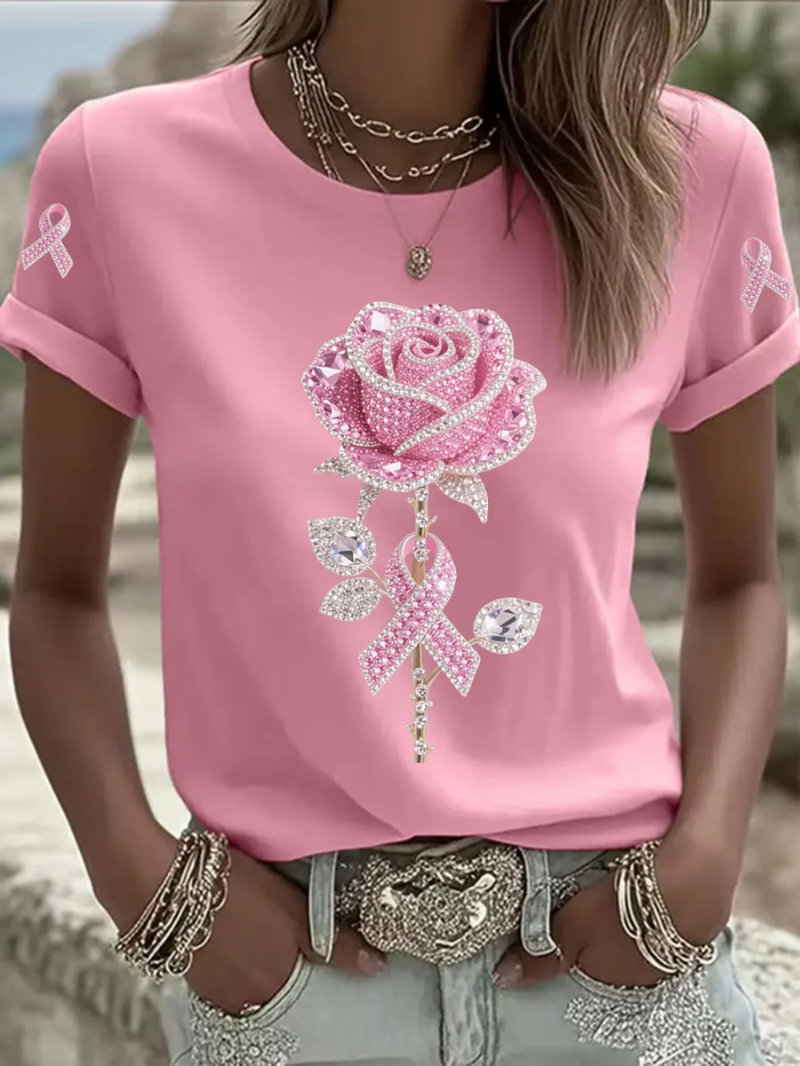 Women's Pink Rhinestone Floral Print Crew Neck T-Shirt