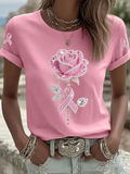 Women's Pink Rhinestone Floral Print Crew Neck T-Shirt