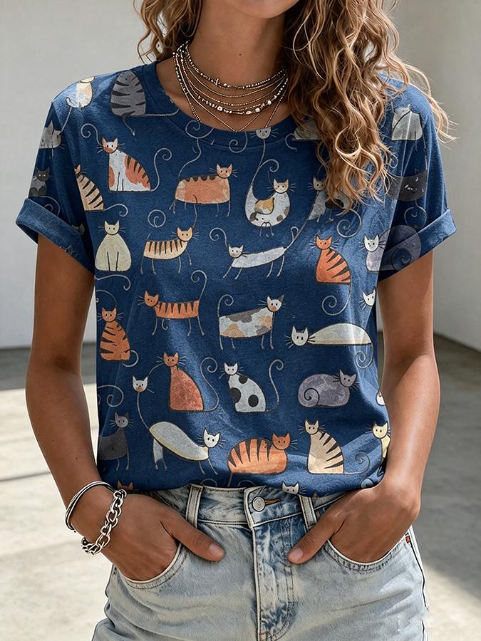 Women'S Fun Simple Drawing Cat Pattern Round Neck T-Shirt