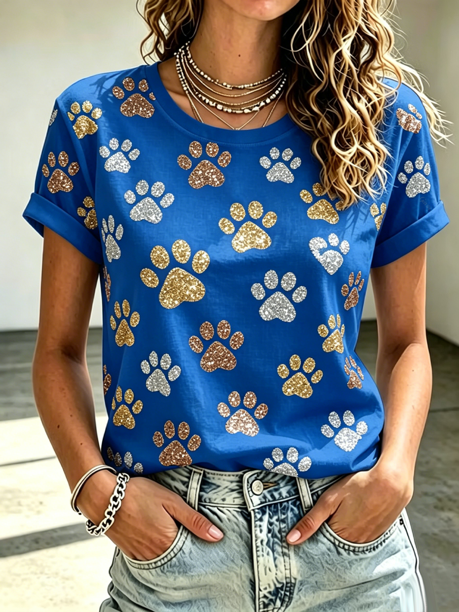 Cat Paw Sequin Print Casual Crew Neck T-Shirt
