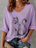 Women's Cat Lover Geometric Black Cat Printed V-neck T-shirt