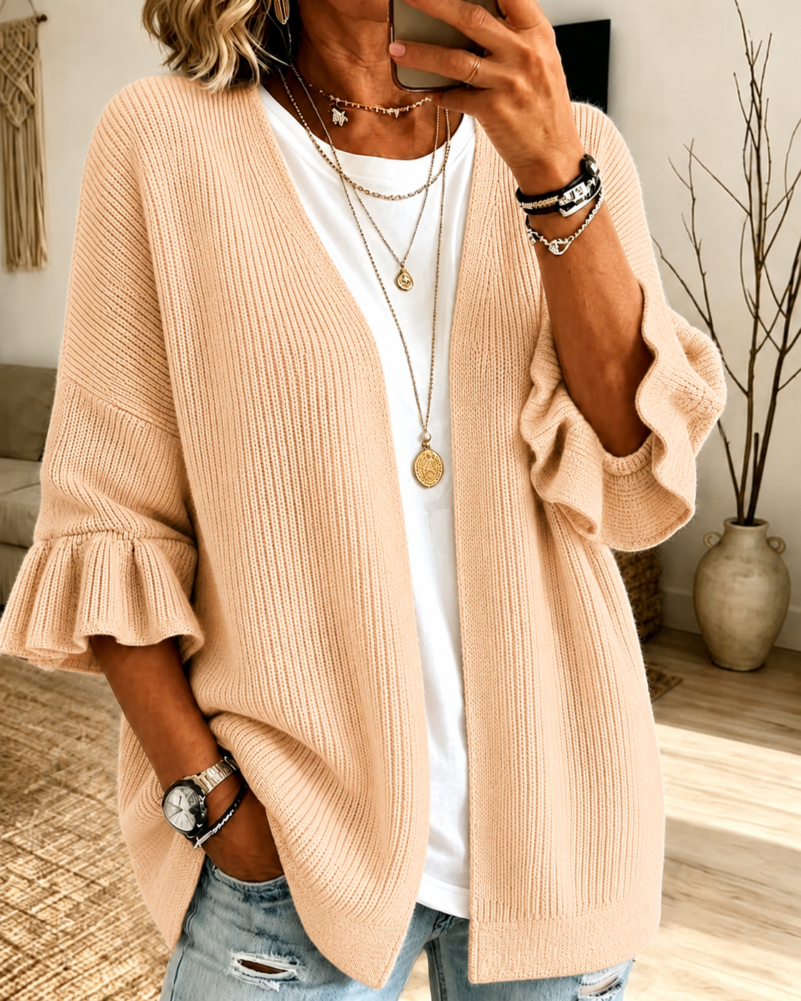 Women'S Casual Solid Color Lotus Leaf Sleeve Cardigan