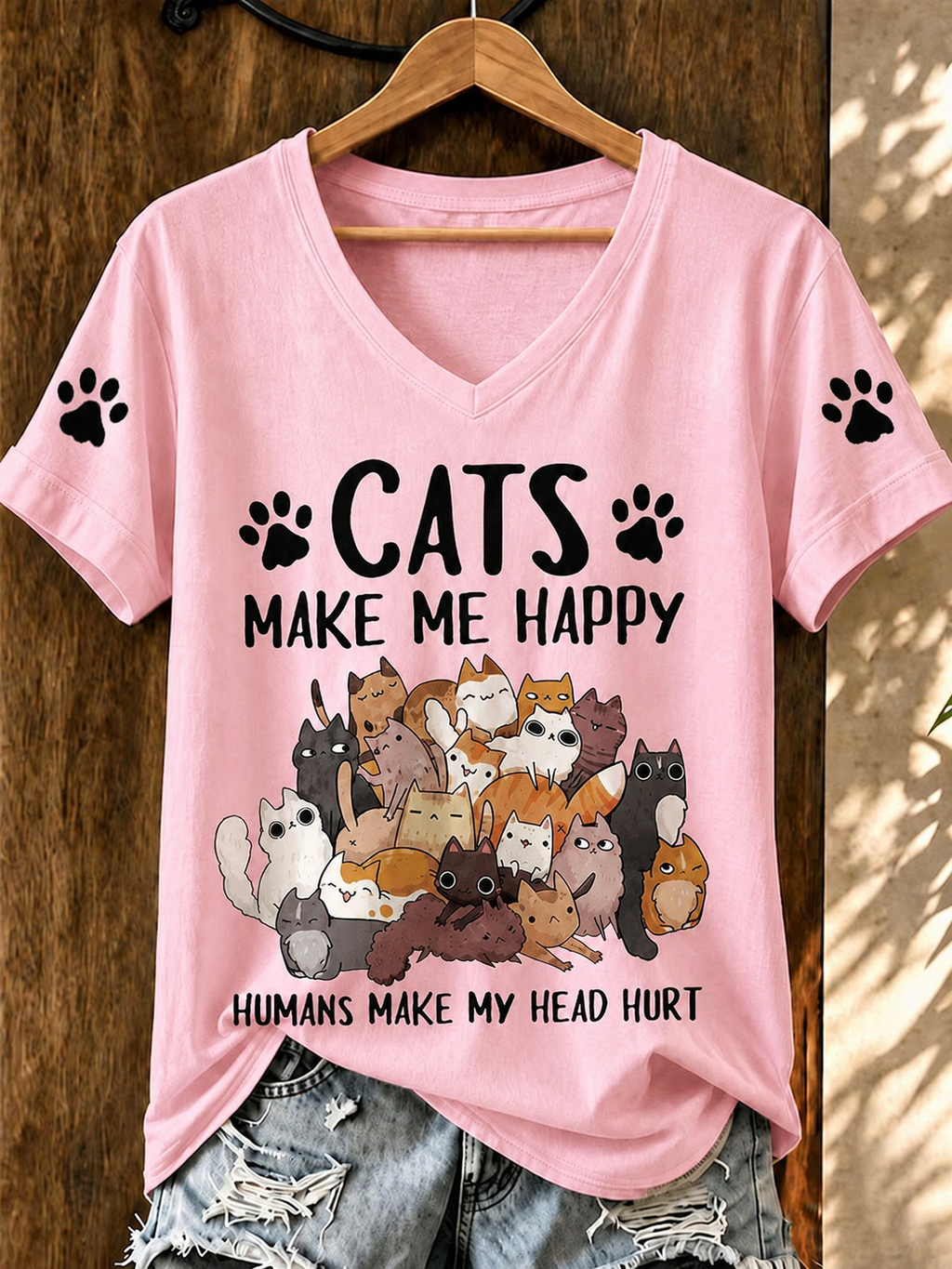 Women'S Cute Cat Printed Casual V-Neck T-Shirt