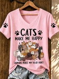 Women'S Cute Cat Printed Casual V-Neck T-Shirt