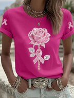 Women's Pink Rhinestone Floral Print Crew Neck T-Shirt
