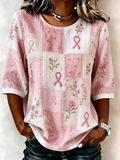 Women's Patchwork Pink Ribbon Floral Embroidered Top