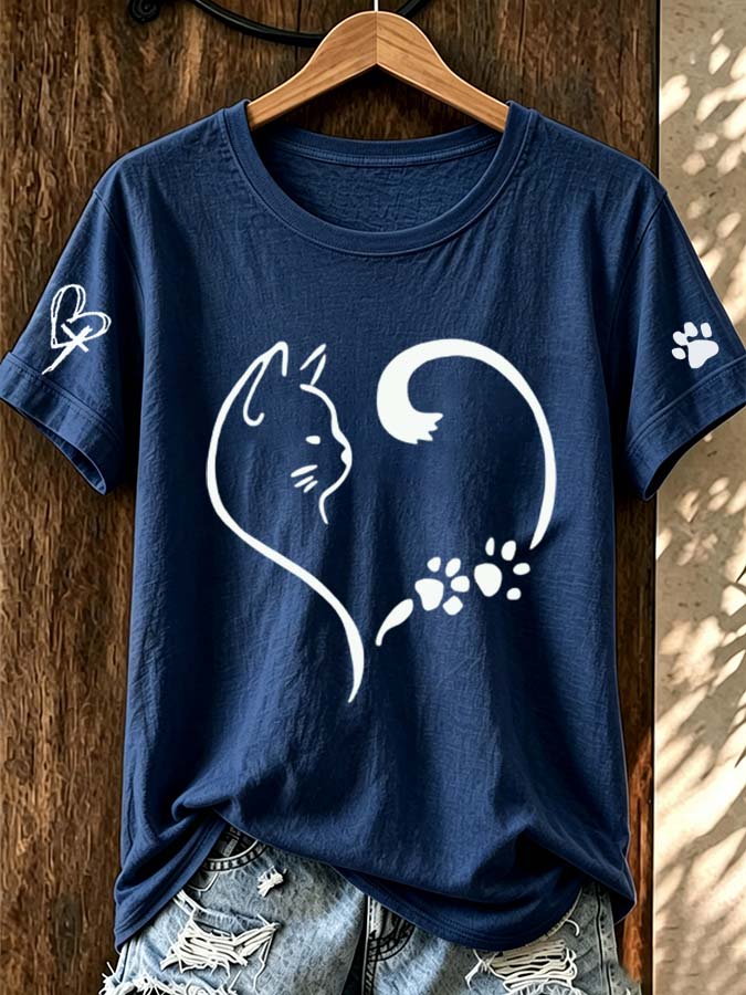 Women'S Fun And Cute Cat Claw Printed Round Neck T-Shirt
