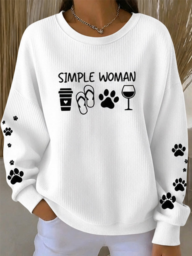 Women's cat print ribbed round neck sweatshirt