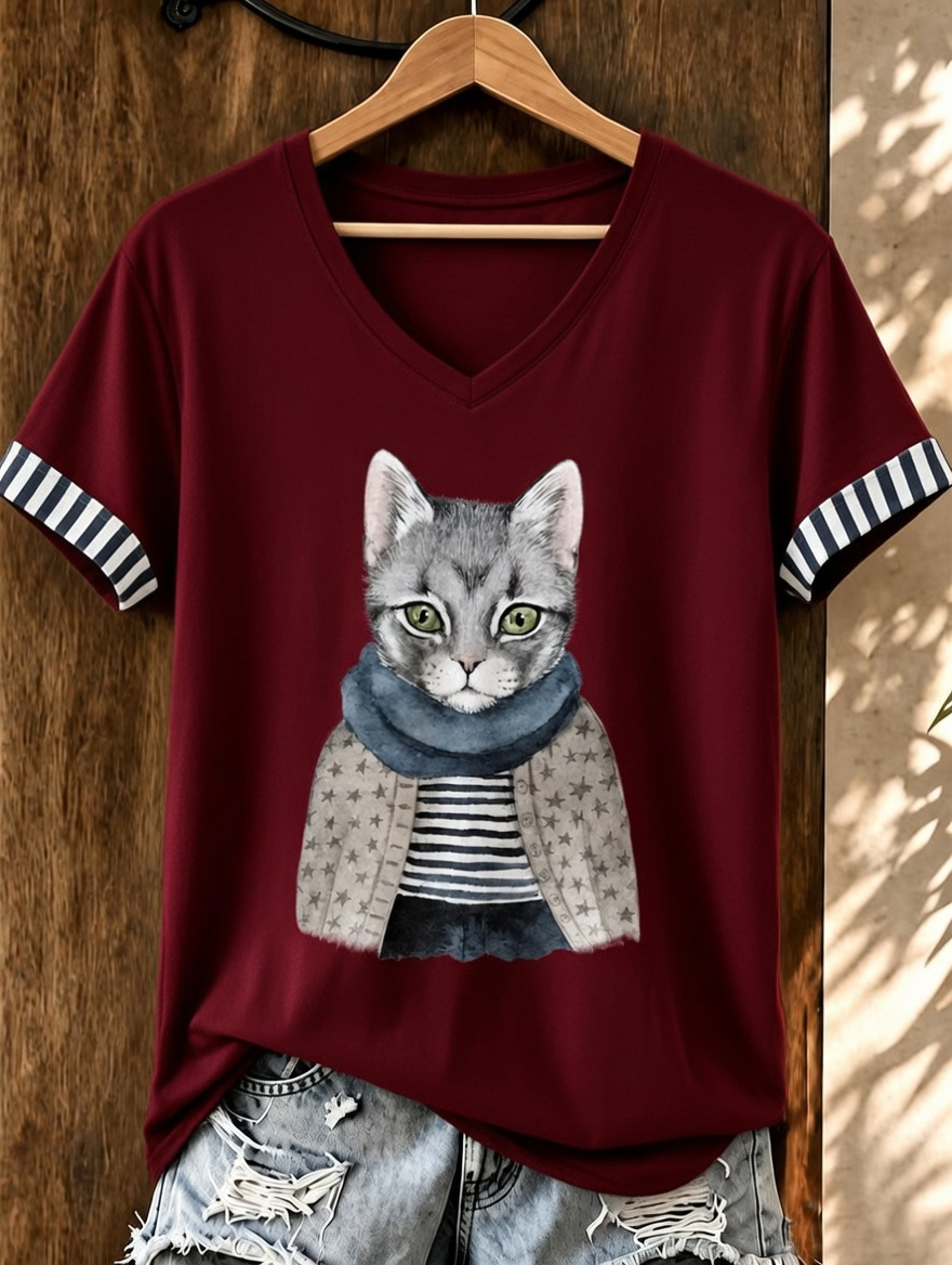 Women'S Cute Cat Printed Casual V-Neck T-Shirt