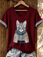 Women'S Cute Cat Printed Casual V-Neck T-Shirt