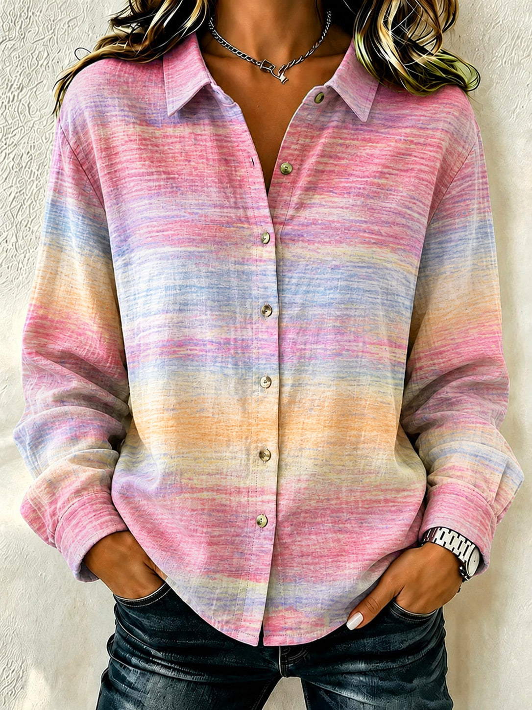 Women'S Pink Gradient Lapel Long Sleeved Shirt