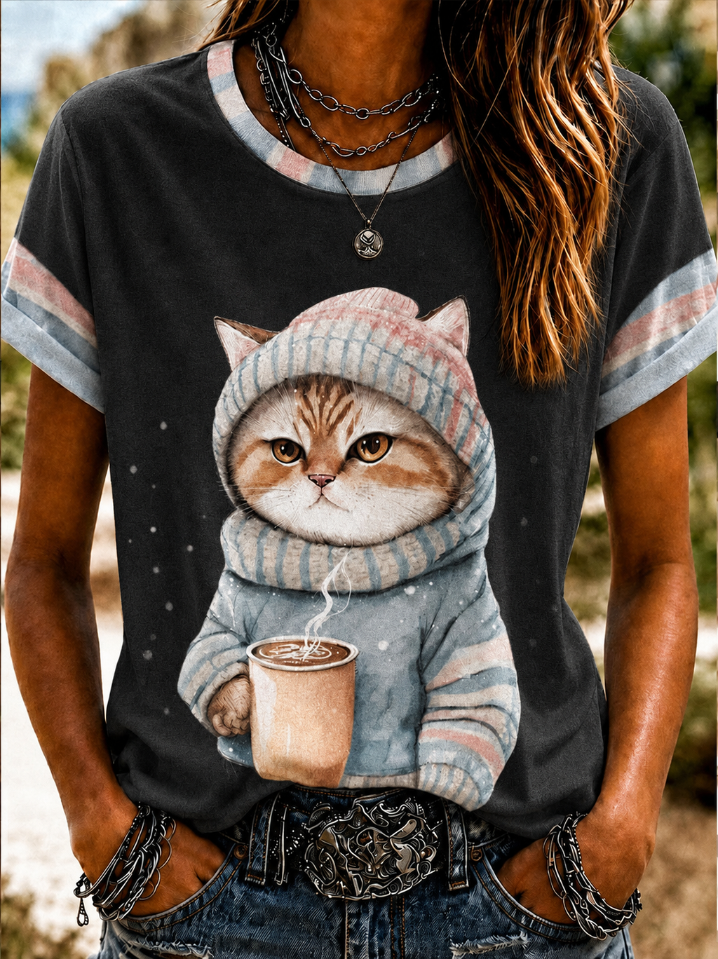 Women'S Cute Cat Art Printed Round Neck T-Shirt