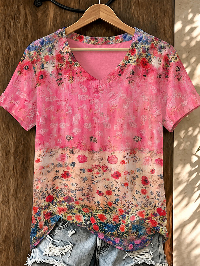 Women'S Floral Art Printed V-Neck Top
