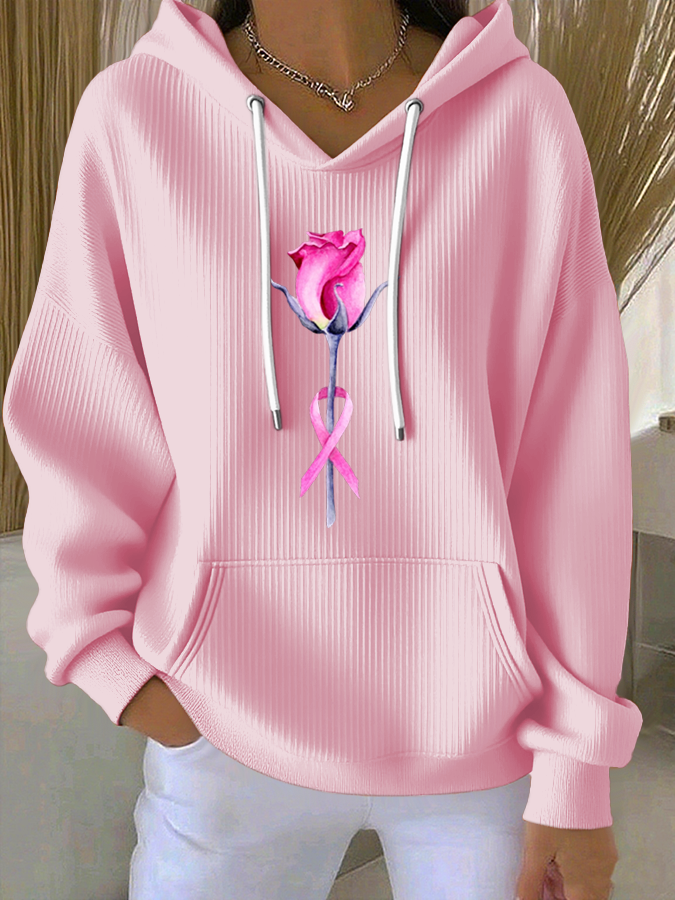 Women'S Breast Cancer Awareness Flowers  Printed Casual Hoodie