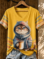 Women'S Cute Cat Printed Casual V-Neck T-Shirt