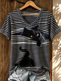 Women'S Cute Cat Printed Casual V-Neck T-Shirt
