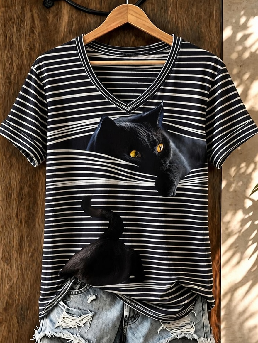 Women'S Cute Cat Printed Casual V-Neck T-Shirt
