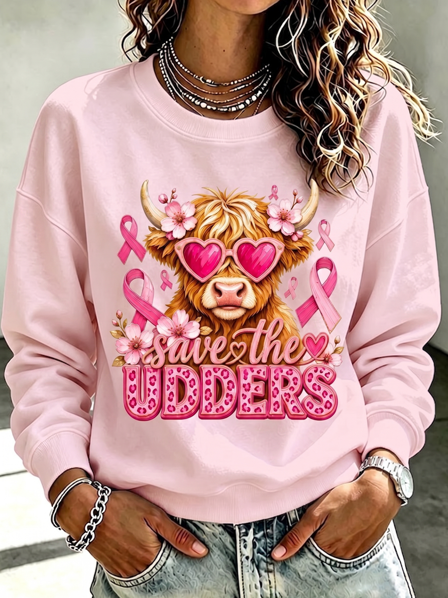 Women'S Casual Cancer Promotion Month Printed Round Neck Top