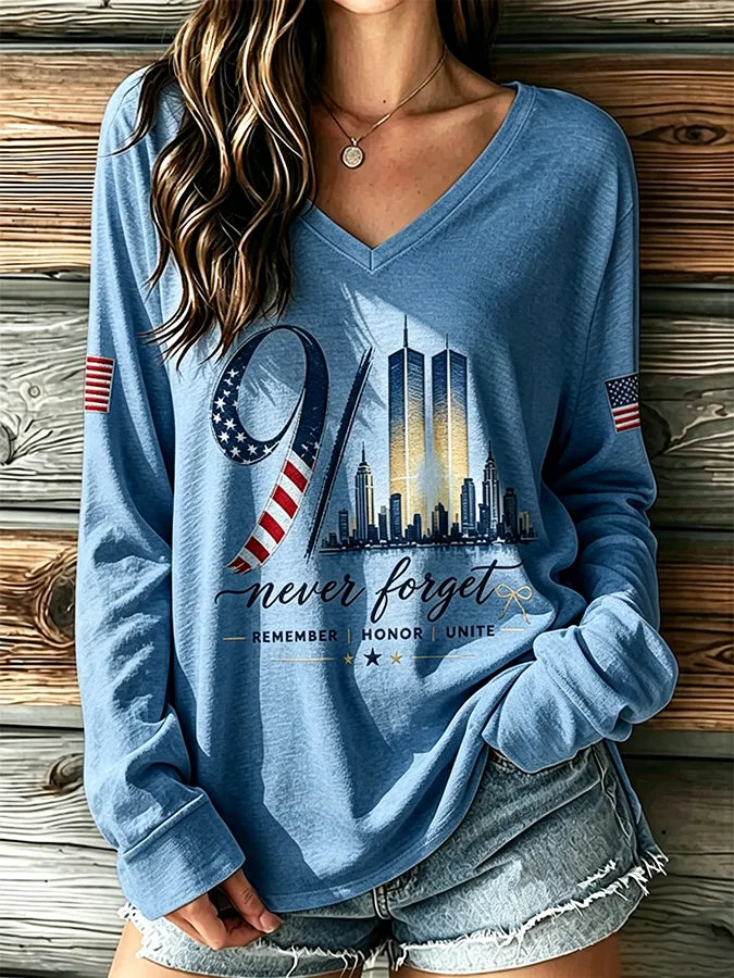 🕯️Women's "Never Forget 9/11" Pattern Comfortable V-Neck Retro T-Shirt