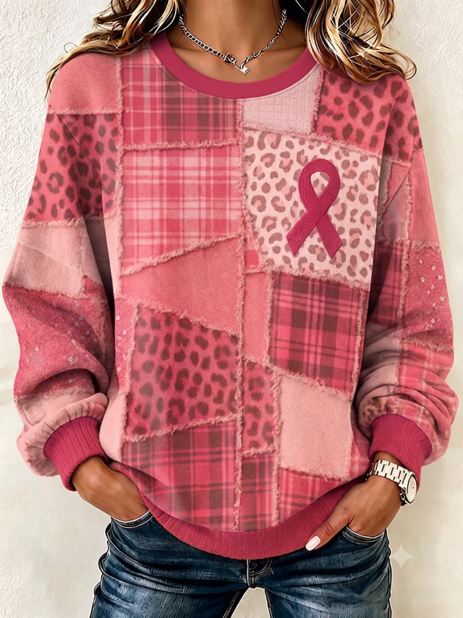 Women'S Pink Art Print Crew Neck Check Sweatshirt