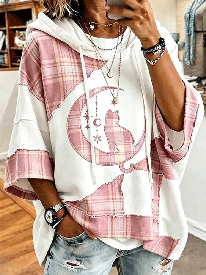 Women's Plaid Patchwork Moon Cat Hooded Top