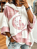 Women's Plaid Patchwork Moon Cat Hooded Top