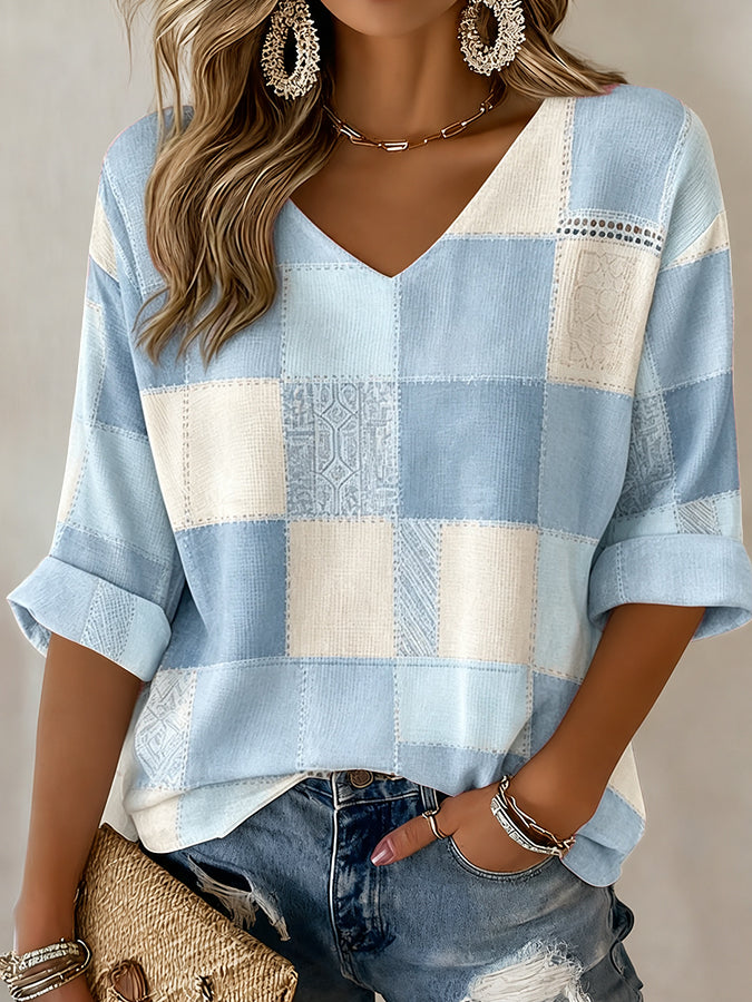 Women's Casual Daily Plaid Waffle Art Top